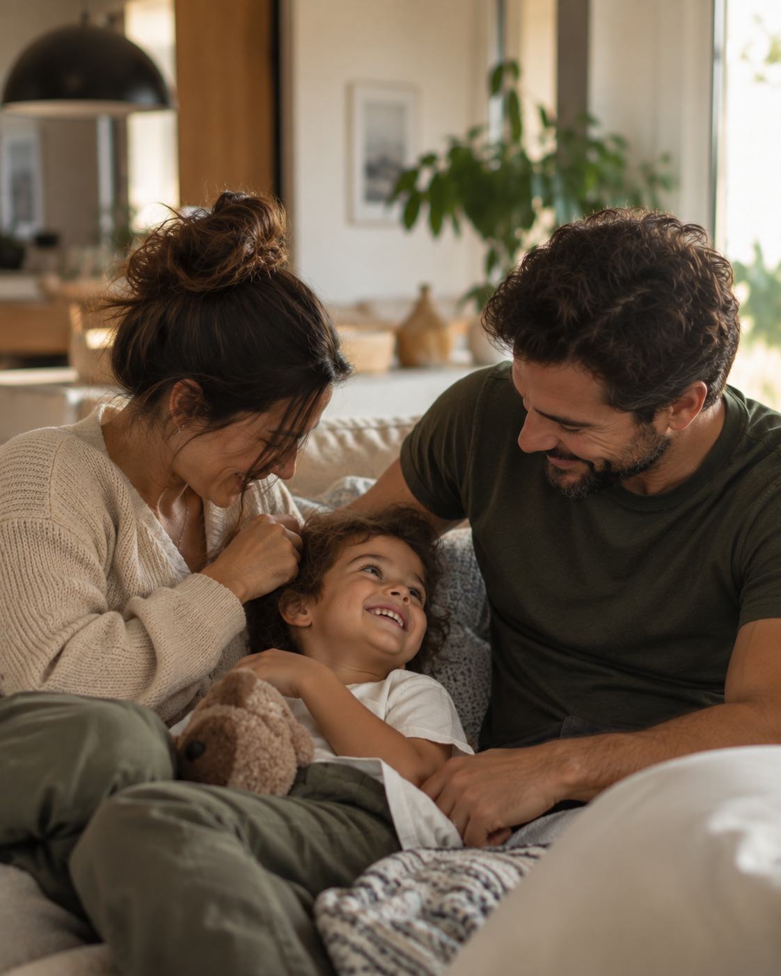 Família em um momento cotidiano de cuidado e proteção